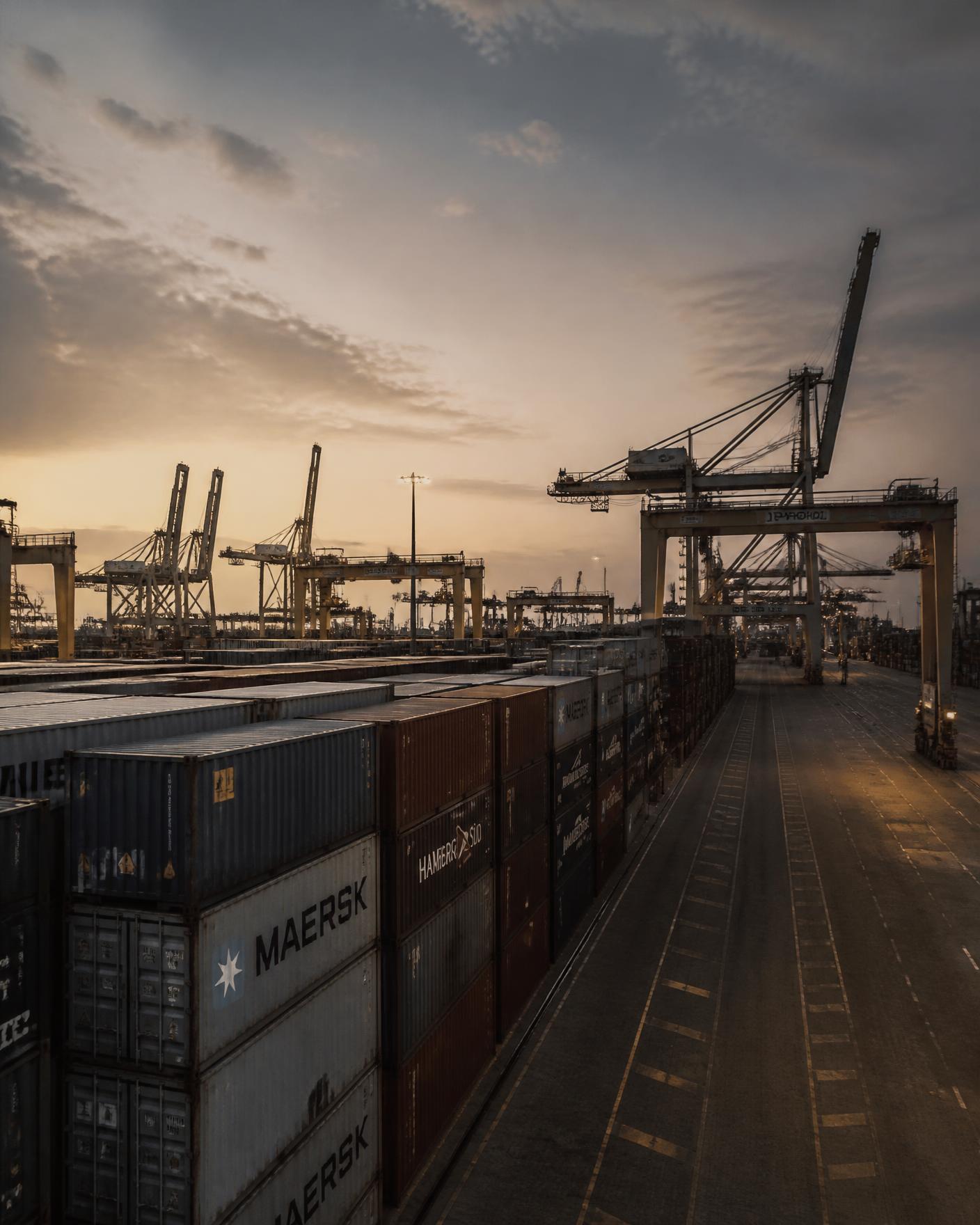 Container terminal at dusk with gantry cranes and stacked shipping containers
